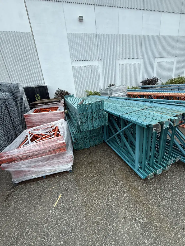 Teal beams and banded frames in our yard
