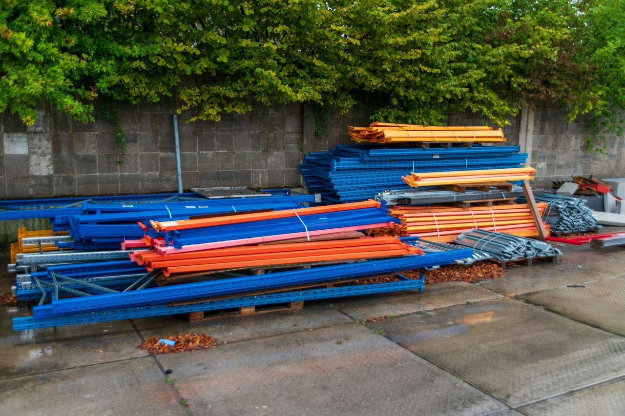 Used beams stacked in the yard