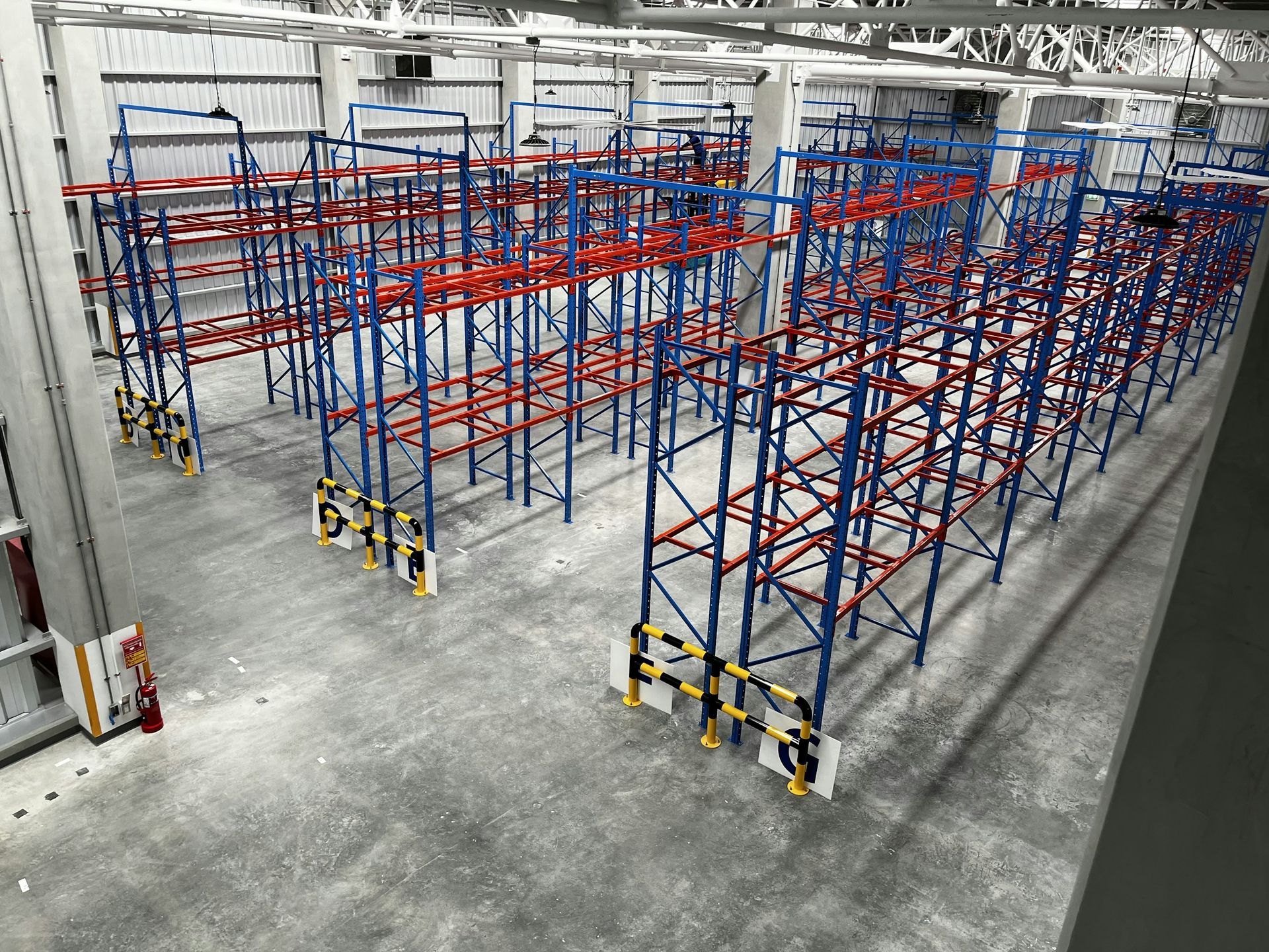 Aerial view of a racking structure during fit-out